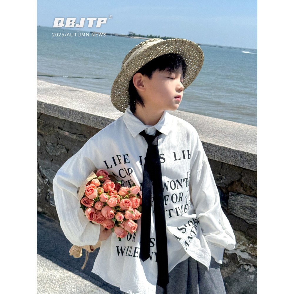 Q宝家童品9月新款【校园休闲】儿童白色衬衫秋季长袖衬衣男童上衣