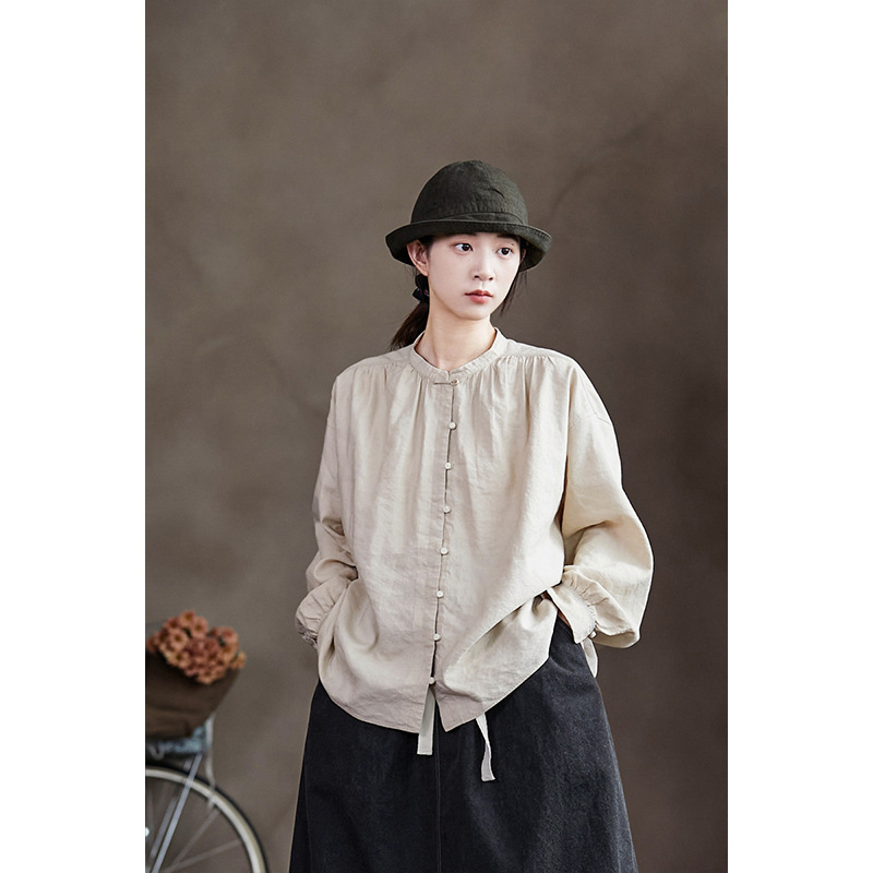 秋季新品文艺复古原创女装香米色亚麻宽松质感女款休闲中式衬衫