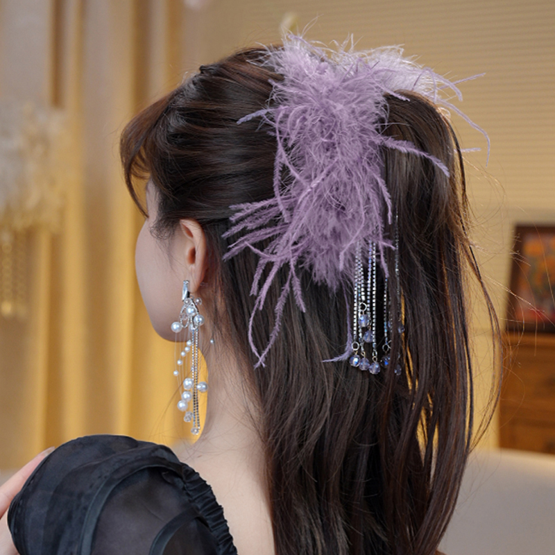 【许我耀眼】抓夹蓬松羽毛晶晶流苏发夹千金风显发量超仙优雅鲨鱼夹