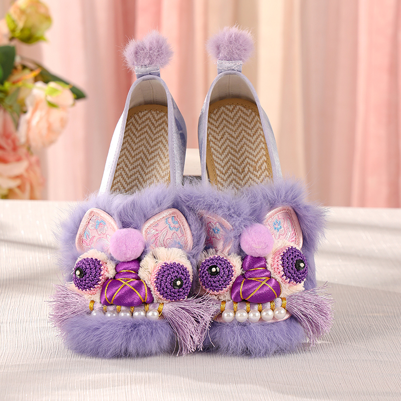 虎头鞋加绒平底真毛兔毛牛筋底绣花鞋紫色中国风非遗纯手工布鞋女
