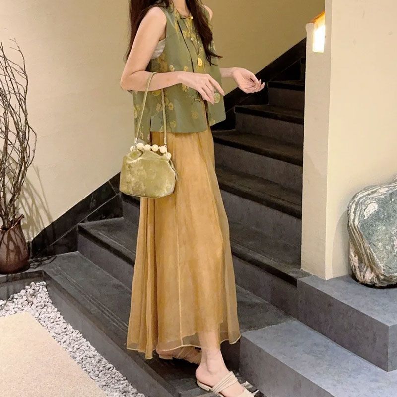 女装清冷中式马甲国风感佛系禅意旗袍连衣裙夏季套装新款发完