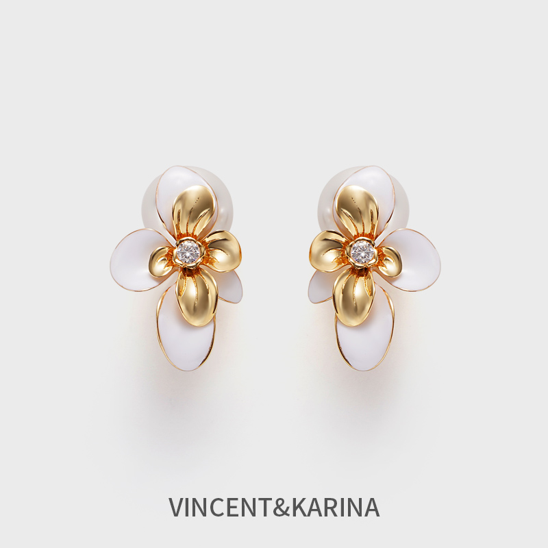 VINCENT&KARINA 铜合金耳饰 【燕影】飞燕花卉珐琅正反两面双戴耳环