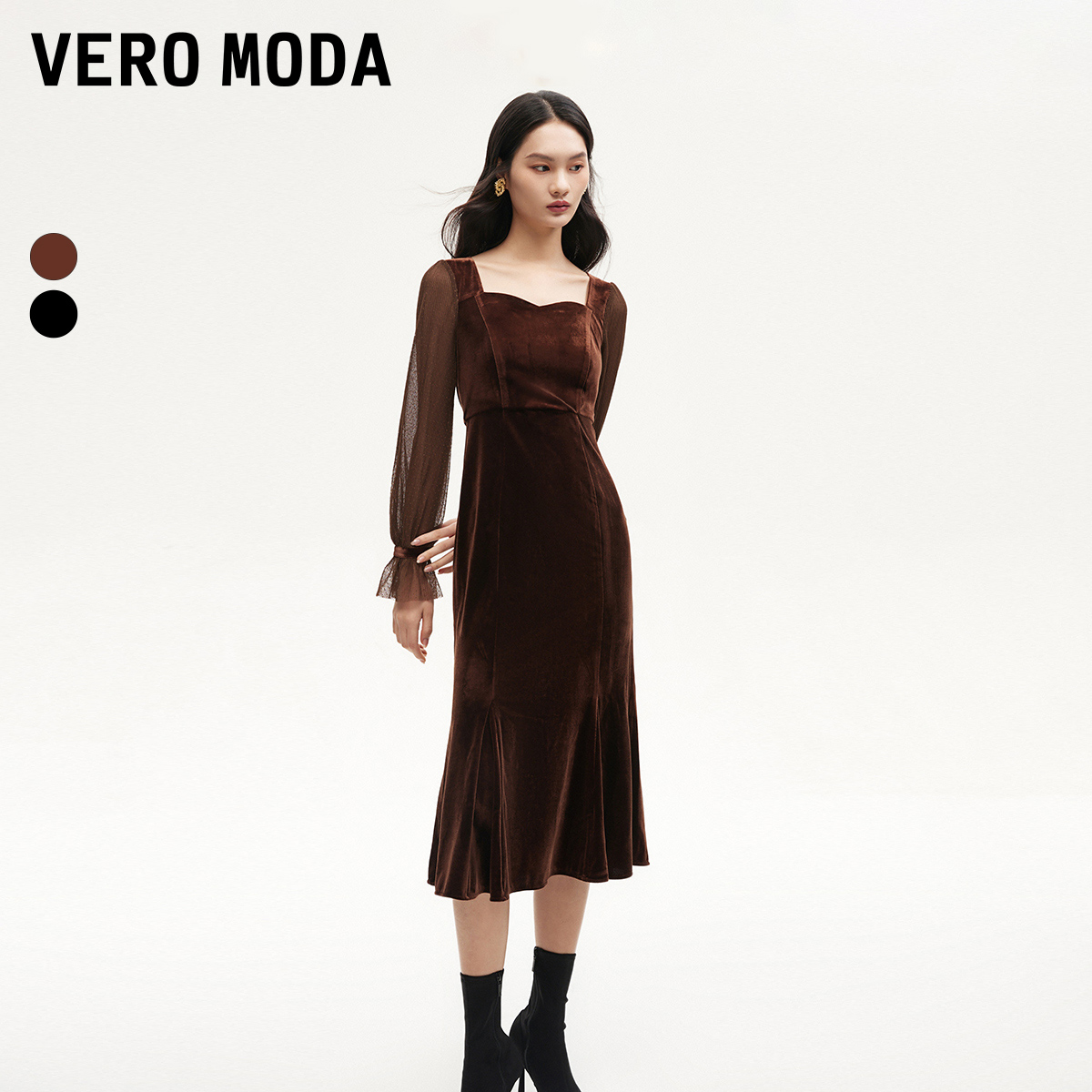 Vero Moda连衣裙天鹅绒拼接网纱鱼尾长裙显瘦轻奢裙子慵懒风贵气