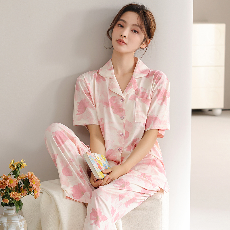 睡衣女夏季天丝莱赛尔短袖长裤韩版宽松薄款凉感可外穿家居服套装