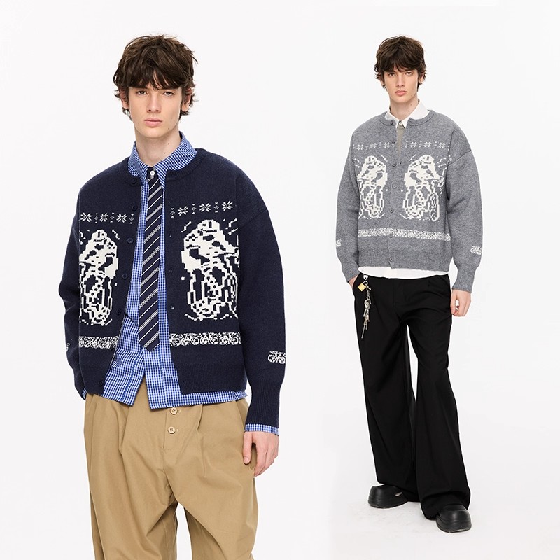 秋冬男针织北极绒费尔岛1000g慵懒情侣厚开衫毛衣外套黄俊捷同款