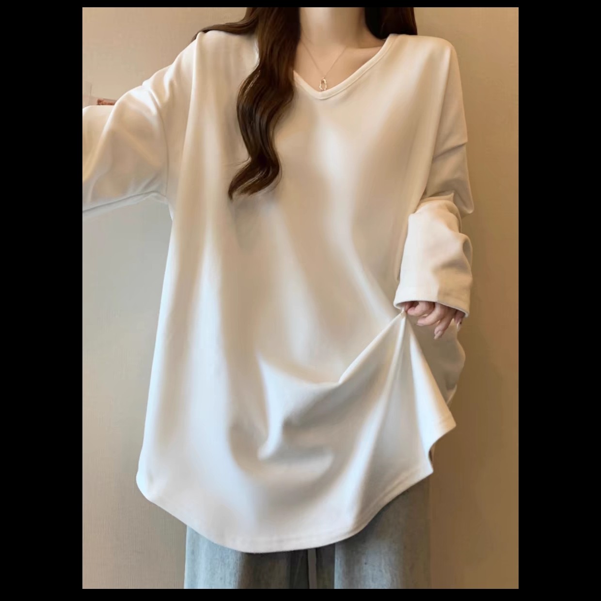 爆款2025春秋款宽松慵懒风长袖t恤女下摆弧形内搭白色打底衫上衣