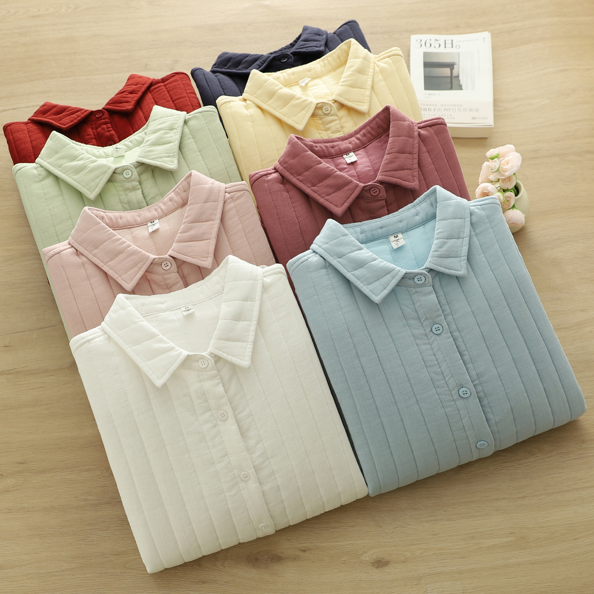 文艺清新秋冬新款 夹棉衬衫纯色尖领内里绗棉长袖宽松百搭棉服