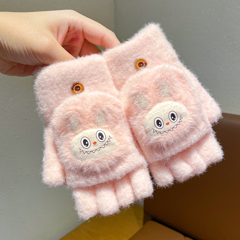 儿童小兔子手套冬天女童保暖男童女孩小学生半指翻盖写字防冻手套