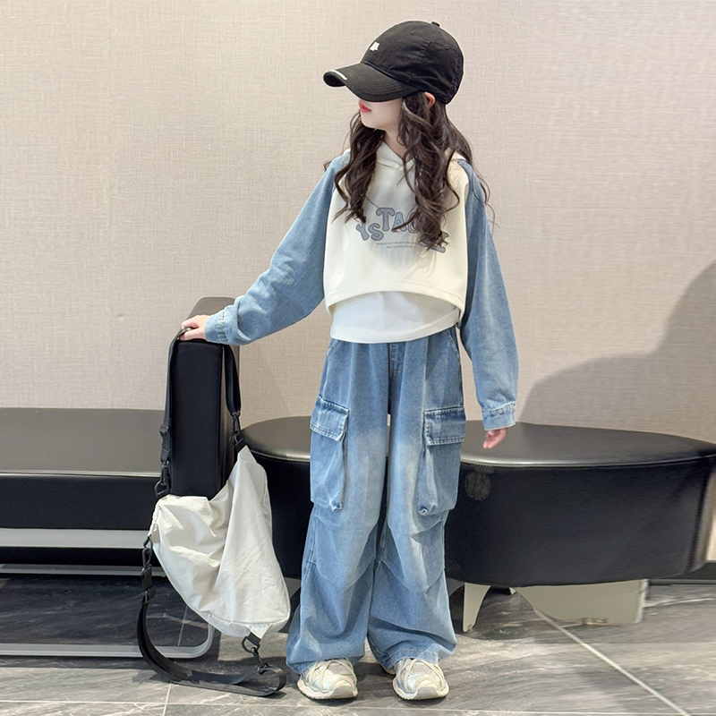 女童卫衣套装春秋款2025新款儿童工装牛仔裤女大童洋气三件套秋装