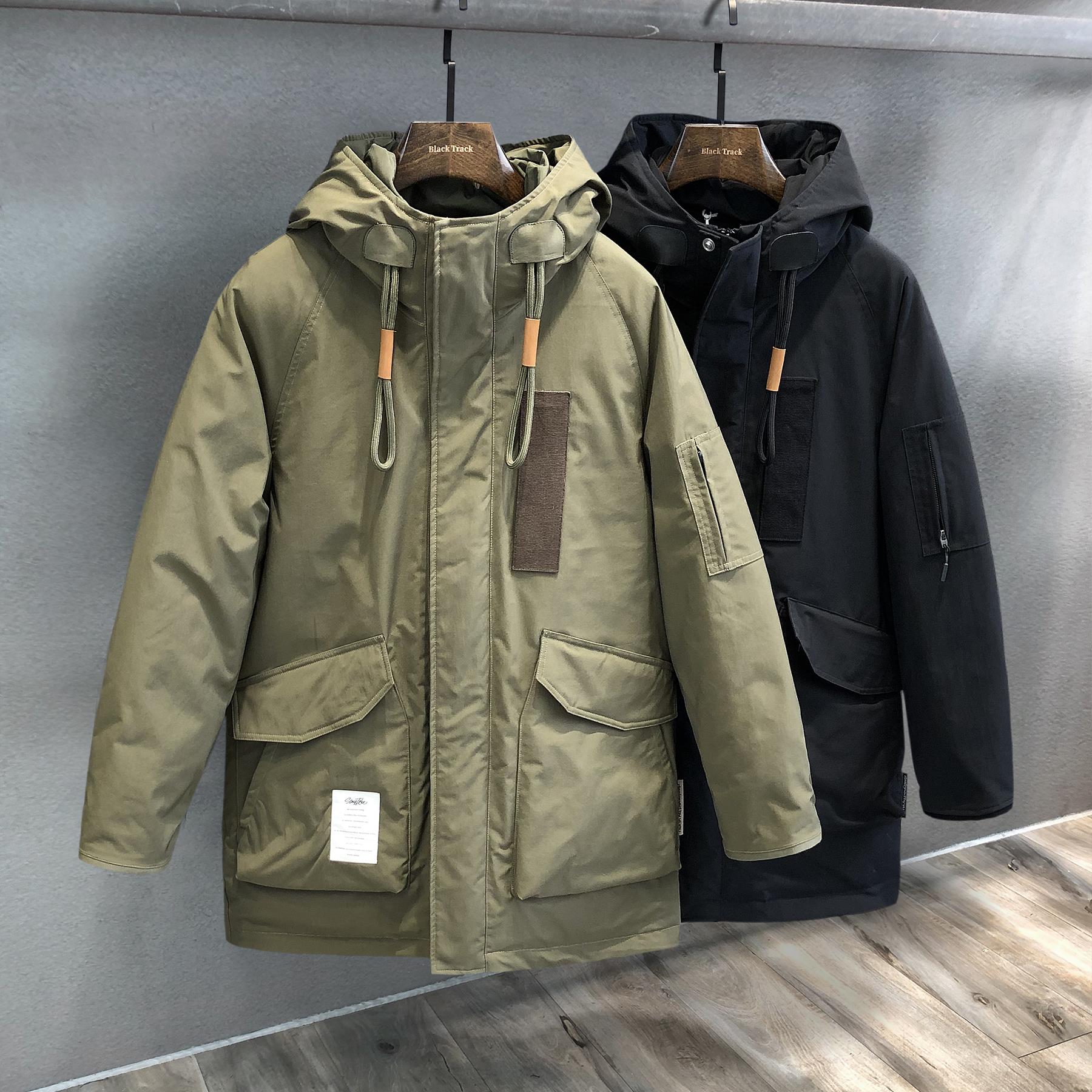 冬季新款重磅潮牌军绿工装羽绒服男士休闲时尚中长款加厚保暖外套