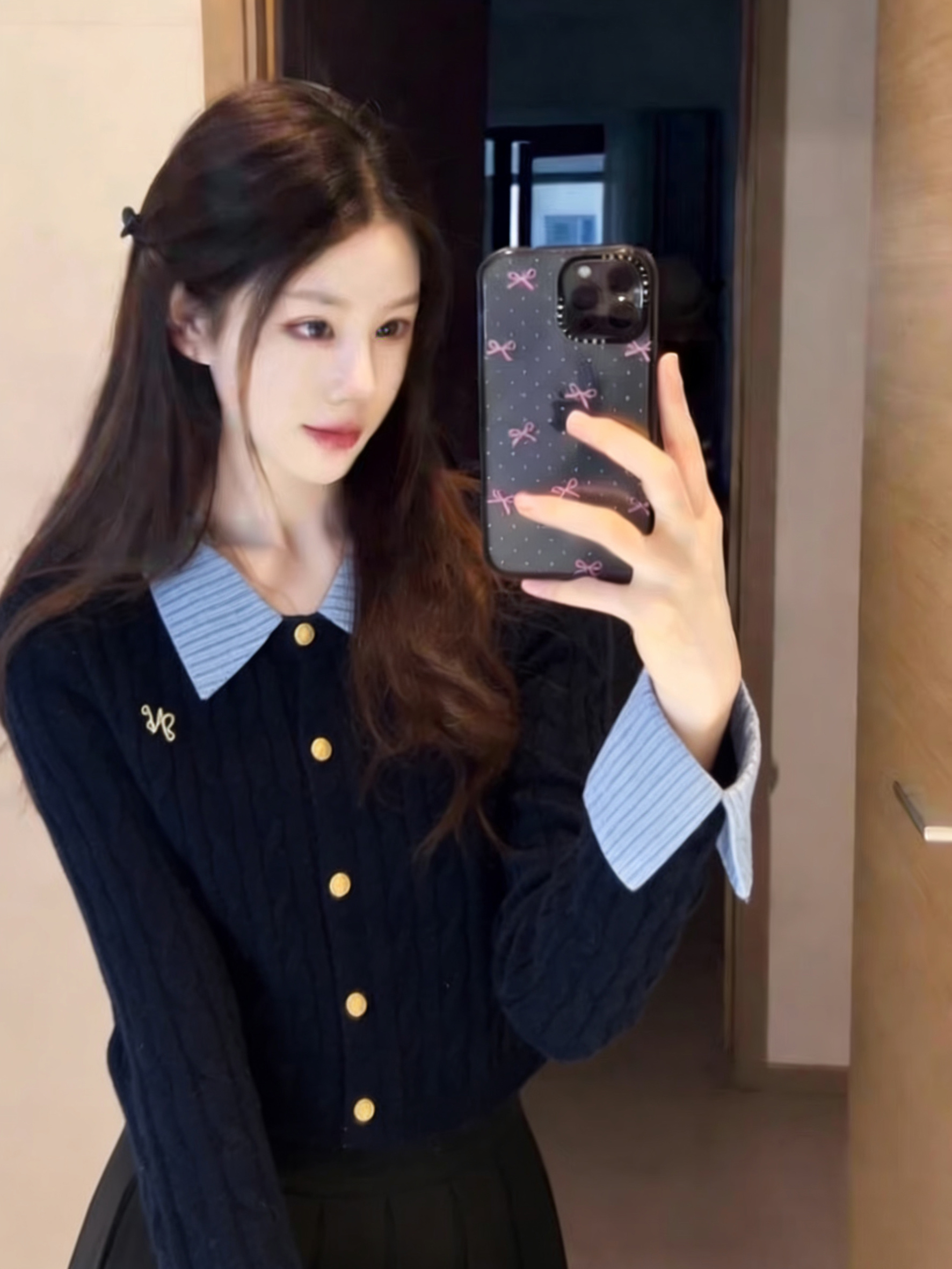 【现货】学院风灰色假两件拼接针织毛衣开衫女秋冬修身显瘦短款上衣