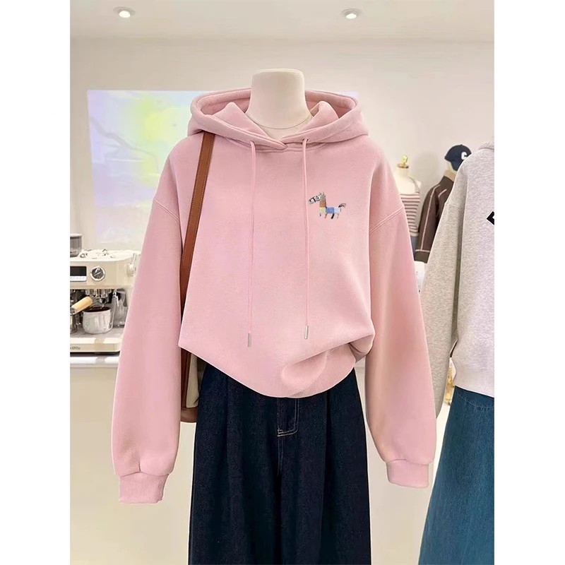 粉色加绒加厚连帽卫衣女秋冬新款小个子洋气时尚宽松外穿长袖上衣