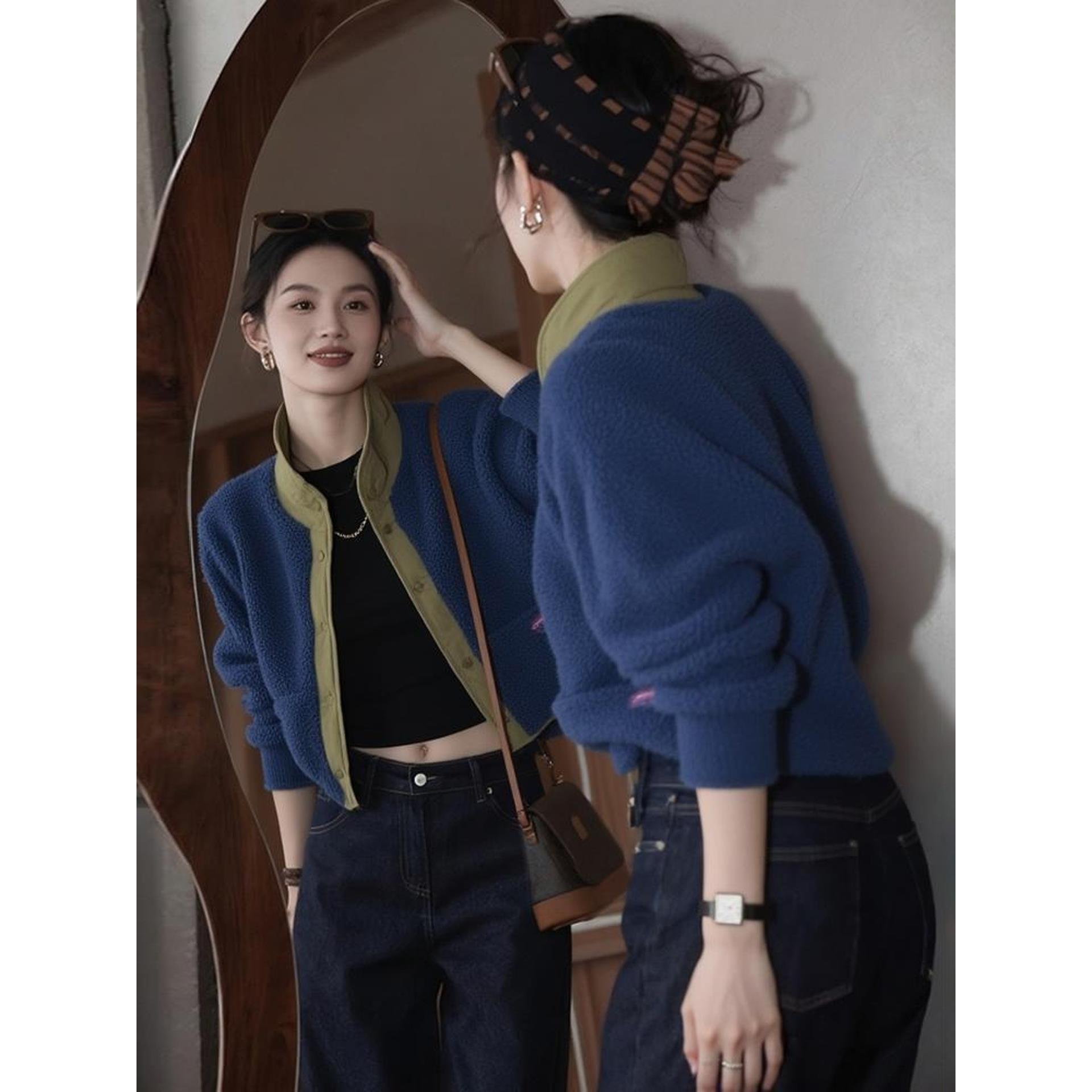 冬季减龄漂亮洋气独特高级感超好看今年流行蓝色拼接羊羔毛外套女