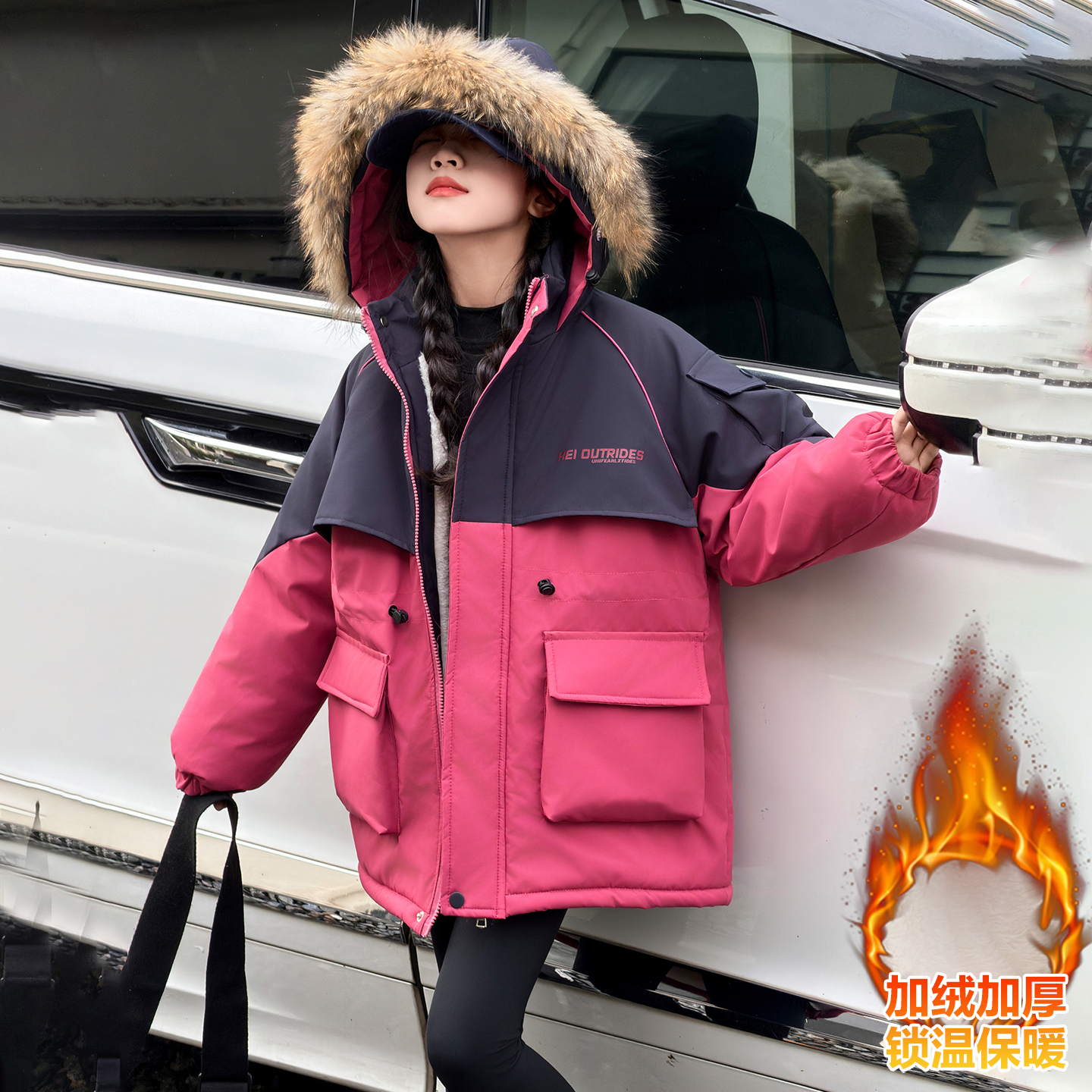 女童中长款加绒派克服2025冬季新款中大童潮款休闲加厚保暖外套冬