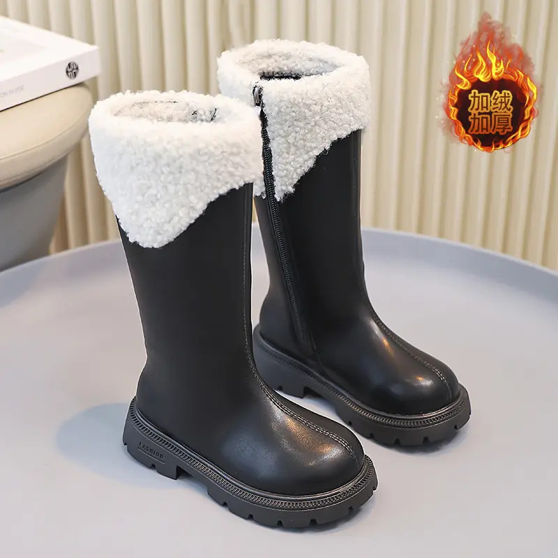 小黄鸭女童马丁靴2025秋冬儿童加绒保暖长筒靴中大童时尚皮面棉靴