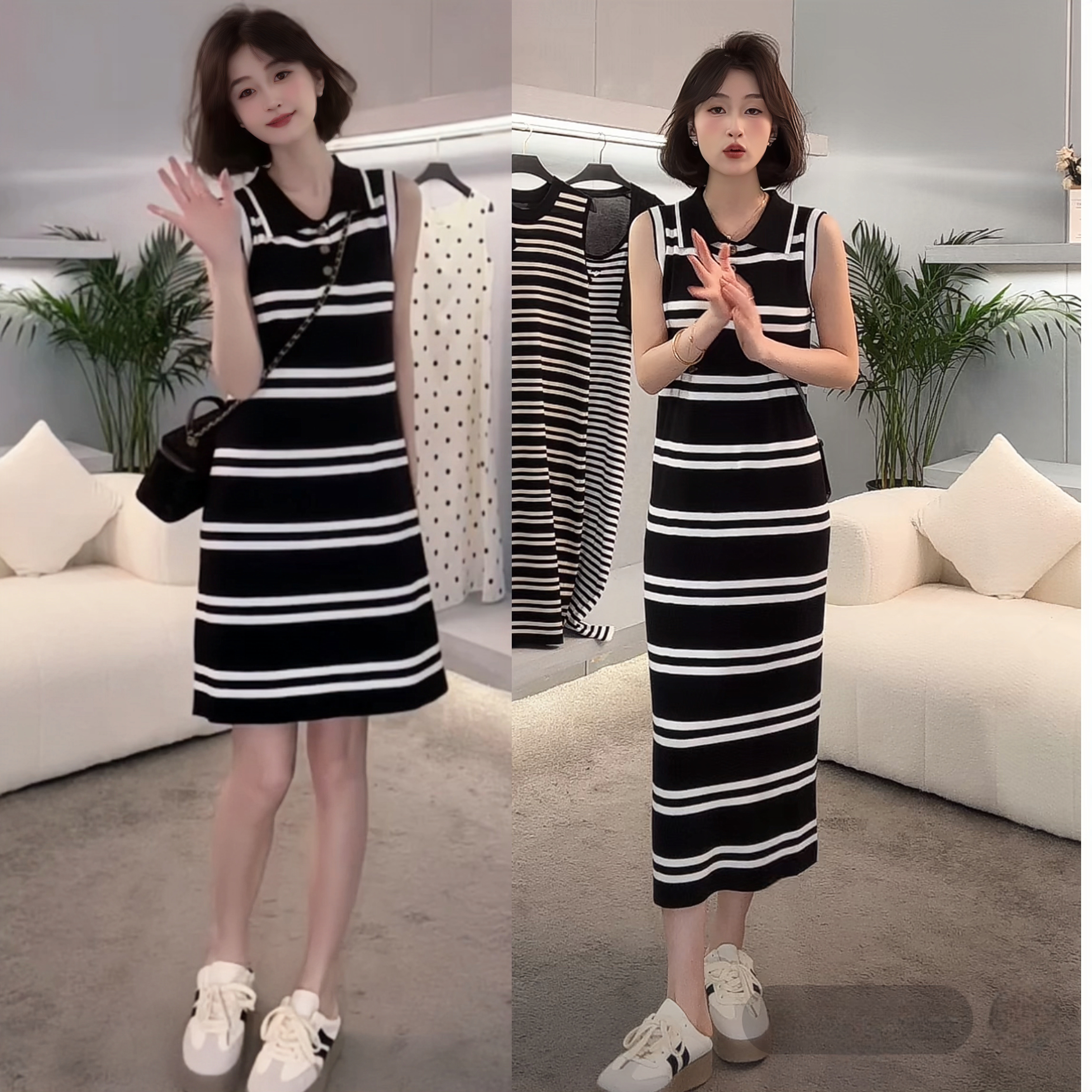 2025法式新款高级感裙子女款爆款Polo领条纹气质百搭修身连衣裙女