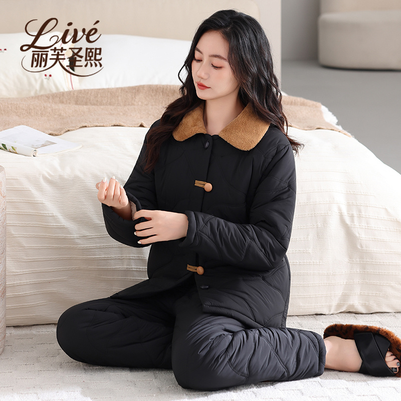 羽绒夹棉睡衣女士冬季可外穿三层加绒加厚青年少女大码黑色家居服