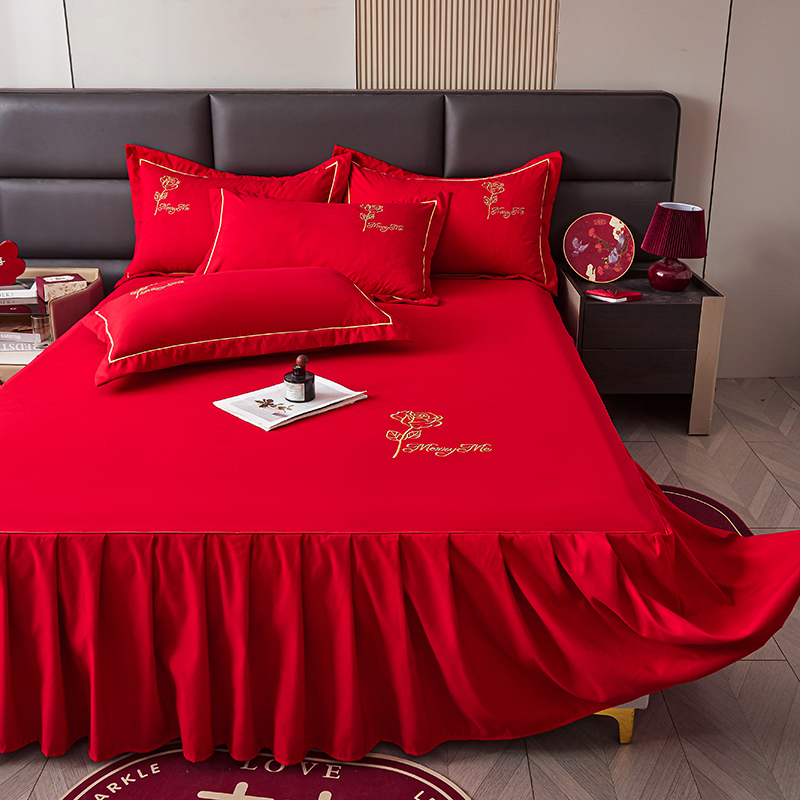 新婚主卧水洗棉床裙单件婚庆喜婚嫁红色结婚防滑床罩床套枕套三3