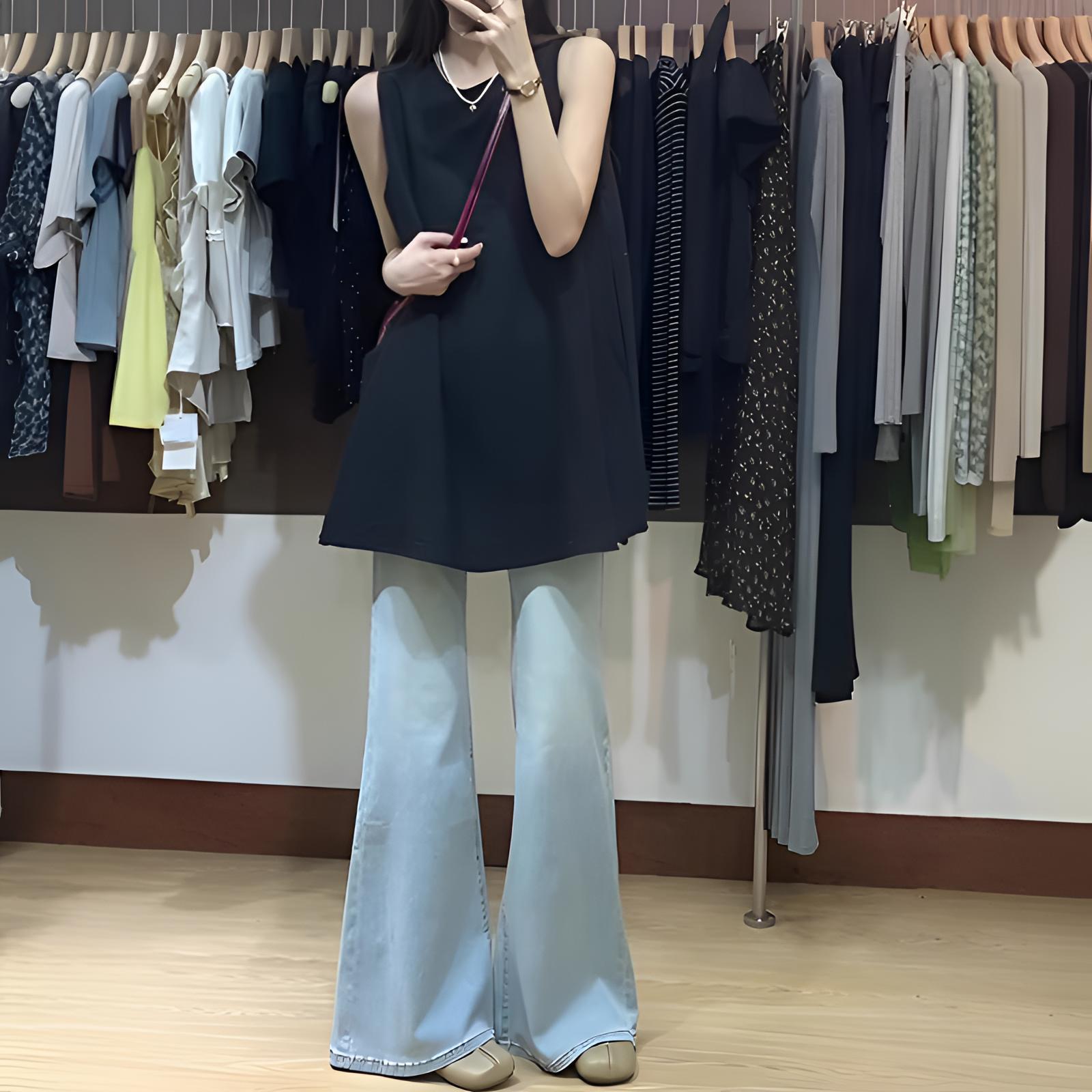 雪千羽浅色微喇牛仔裤女2025新款夏修身薄喇叭裤高腰显瘦设计感裤