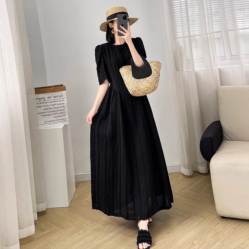 2025大码女装夏季法式复古黑色圆领长款长裙肌理感赫本风连衣裙女