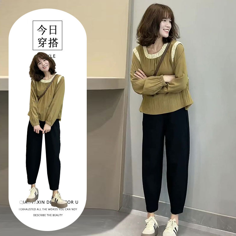 小个子宽松撞色拼接长袖上衣+时尚气质休闲裤韩版别致减龄套装潮
