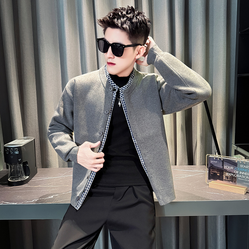 秋冬季男士假两件开衫毛衣外套高级感针织衫男装休闲男款夹克上衣