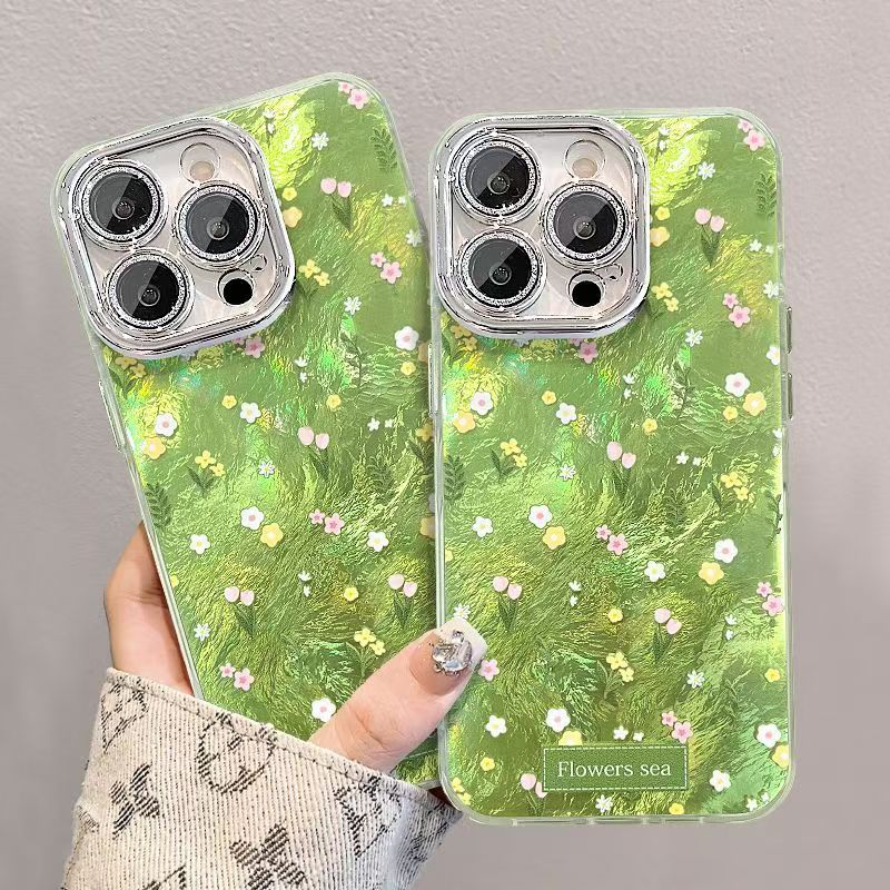 绿色碎花苹果全包闪粉镜头手机壳防摔华为OPPO小米VIVO一加