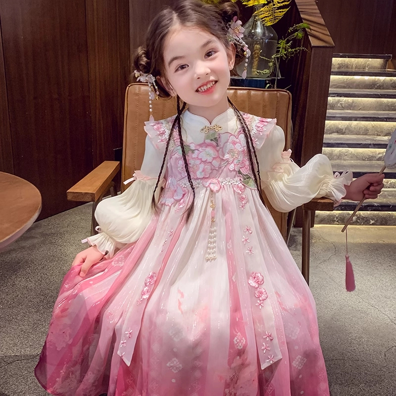 女童汉服女孩国风长袖连衣裙春装2025新款儿童古装襦裙超仙公主裙
