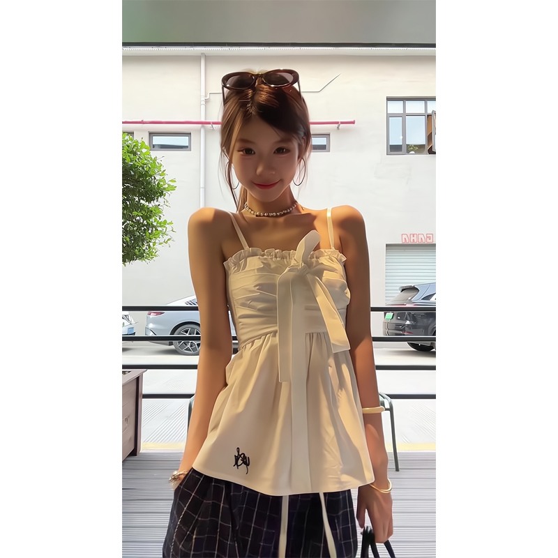 甜美无袖抹胸背心花边外穿内搭吊带上衣格纹阔腿裤抽绳休闲长裤