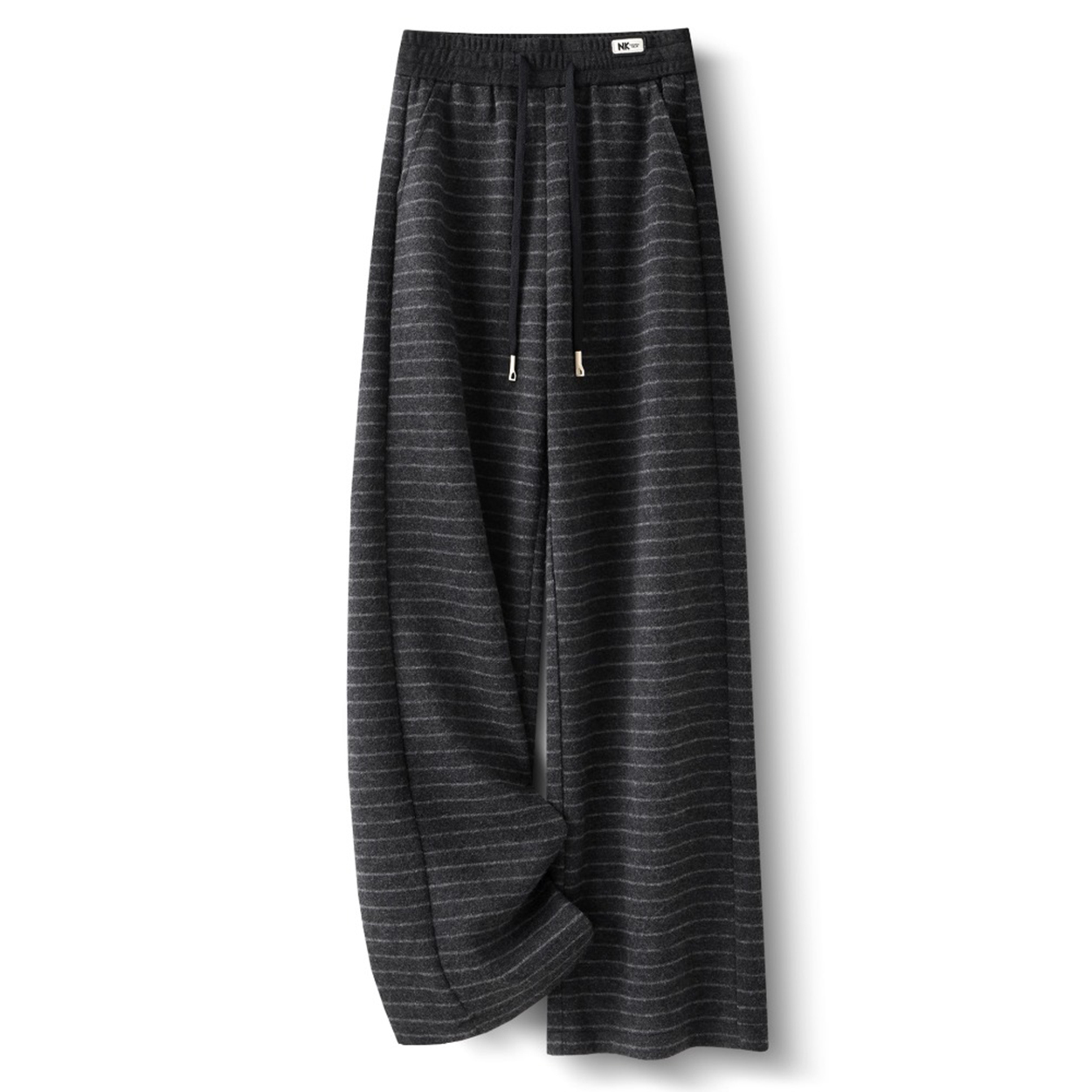 拉夏贝尔灰色条纹休闲阔腿裤女2025新款秋冬松紧腰毛呢加厚直筒裤