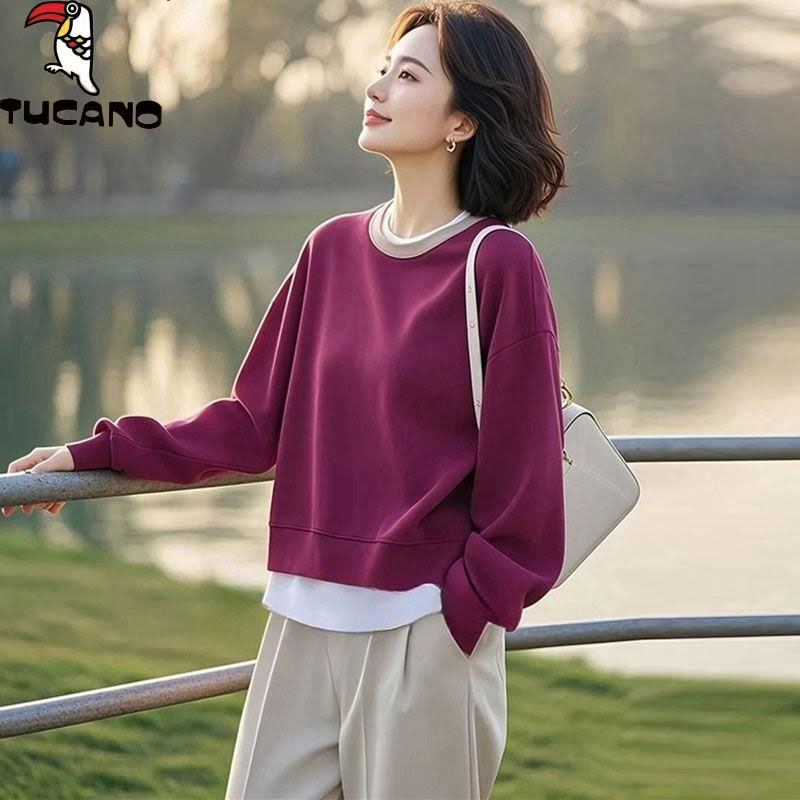 啄木鸟爆款韩系拼接卫衣女2025秋季外穿时尚百搭假两件上衣显瘦