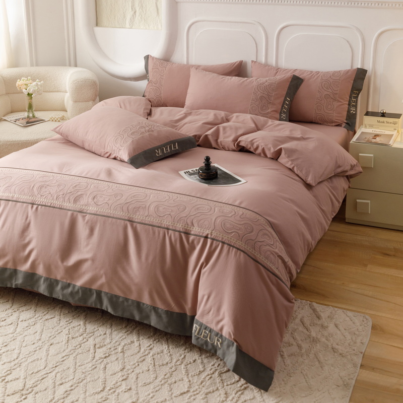 高端简约刺绣100%纯棉裸睡四件套全棉加厚被套床单床笠款床上用品