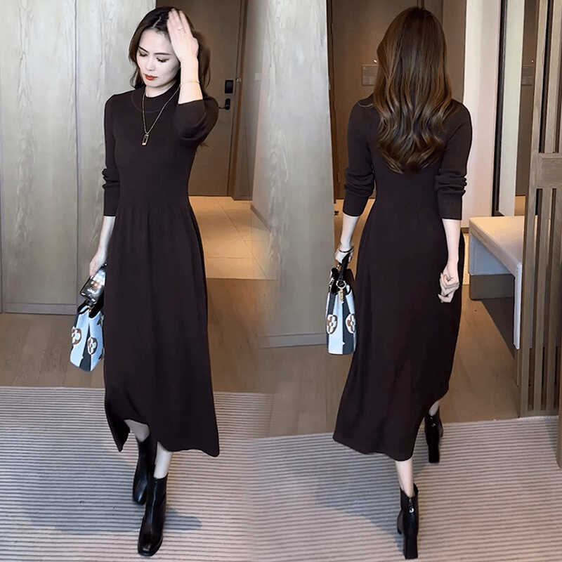 法式针织连衣裙女2025秋季新款洋气收腰显瘦中长款过膝打底毛衣裙