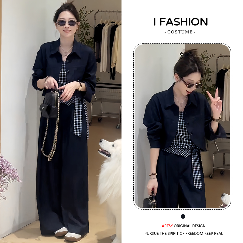 韩系风时尚百搭套装女2026春秋新款显瘦开衫外套吊带阔腿裤三件套