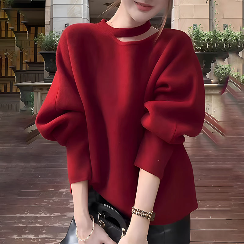 韩系圣诞穿搭红色长袖挂脖毛衣女2025新款冬季宽松软糯针织衫上衣