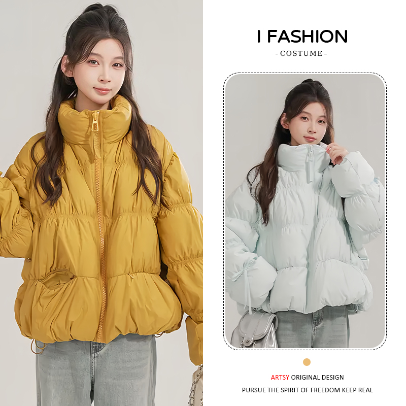 韩版简约纯色长袖短款加厚棉服女2025年冬季新款宽松遮肉百搭外套