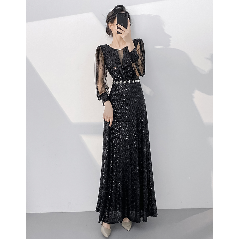 黑色晚礼服裙女2025新款高级感宴会气质重工主持人年会长袖冬高端