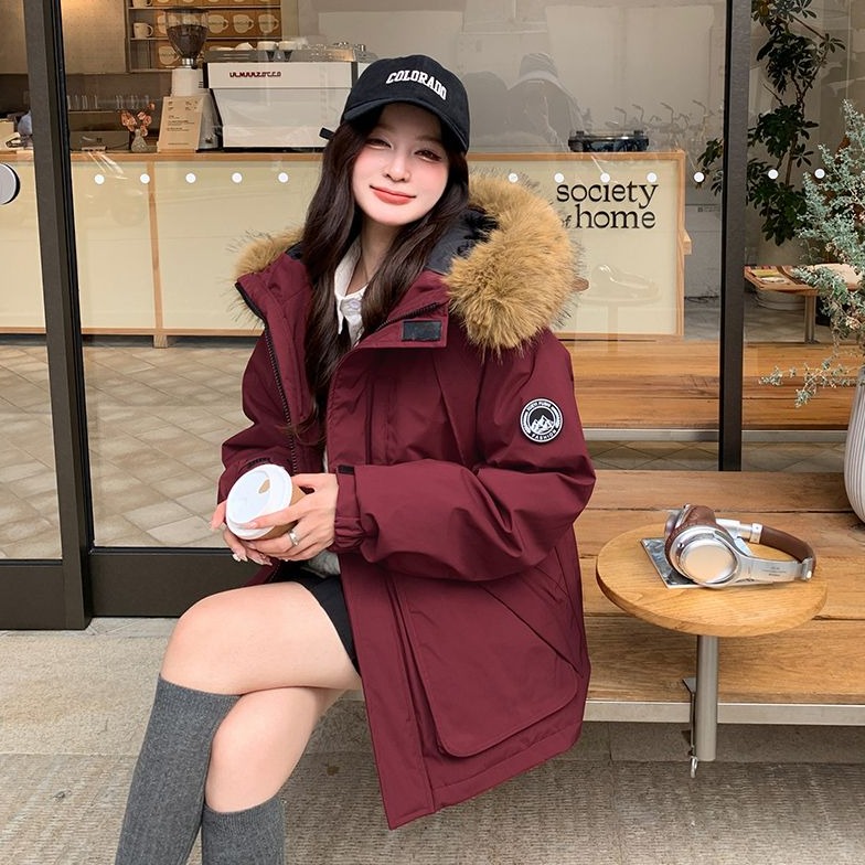 韩系2025冬季新款工装派克休闲羽绒服男女同款连帽加厚保暖外套