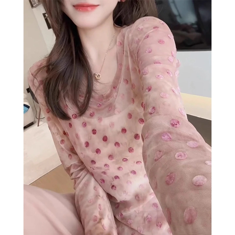 波点防晒短款网纱长袖T恤女夏季2025新款小众设计感辣妹高腰上衣