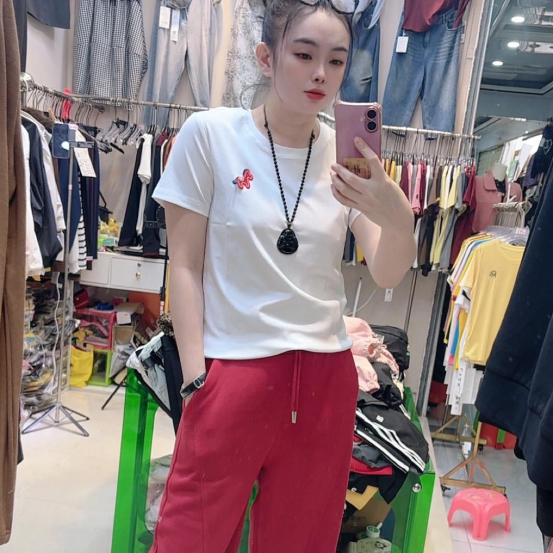 小马刺绣新款圆领正肩弹力显瘦百搭女t