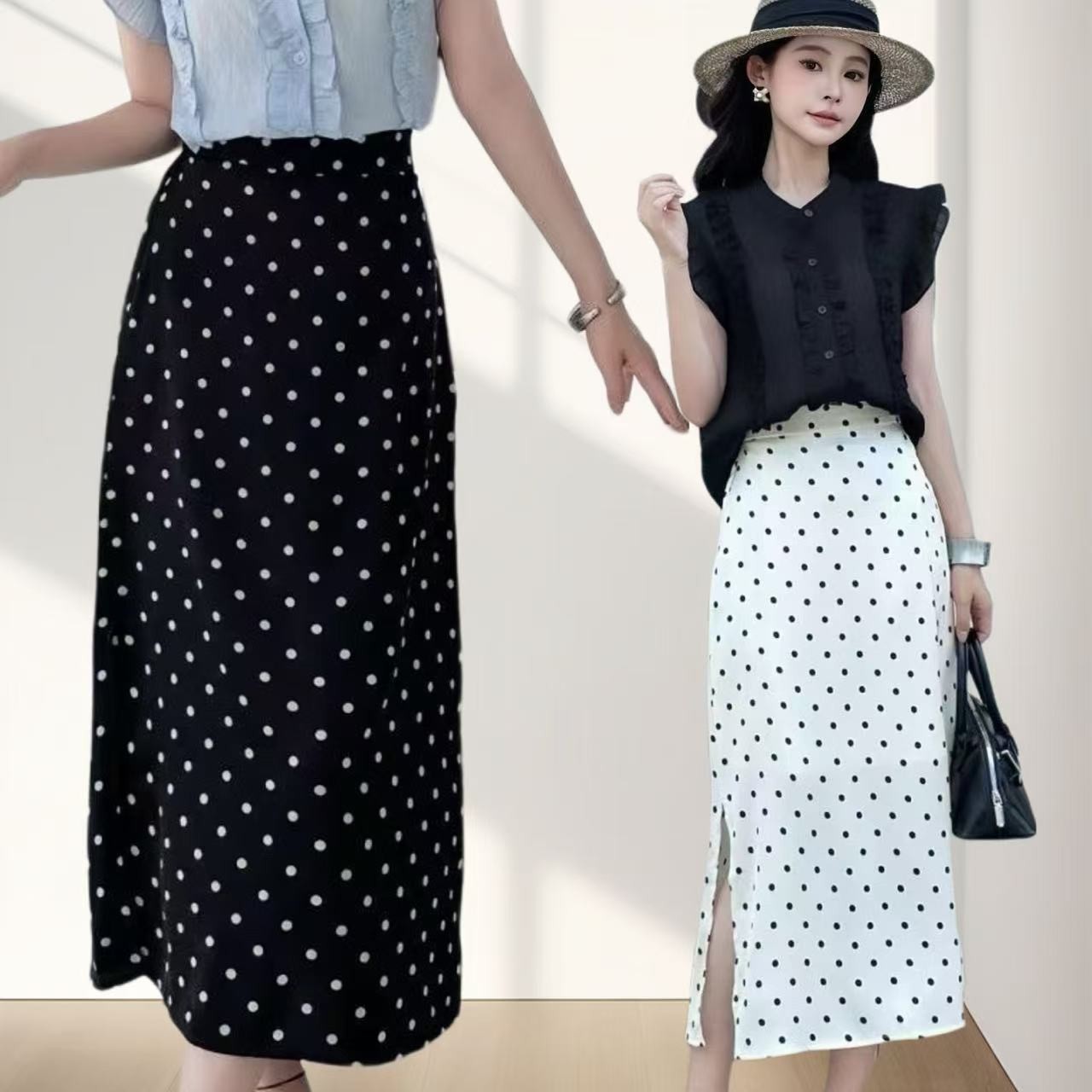 松紧腰波点印花百搭A字中长裙子高腰显瘦半身裙女开叉裙