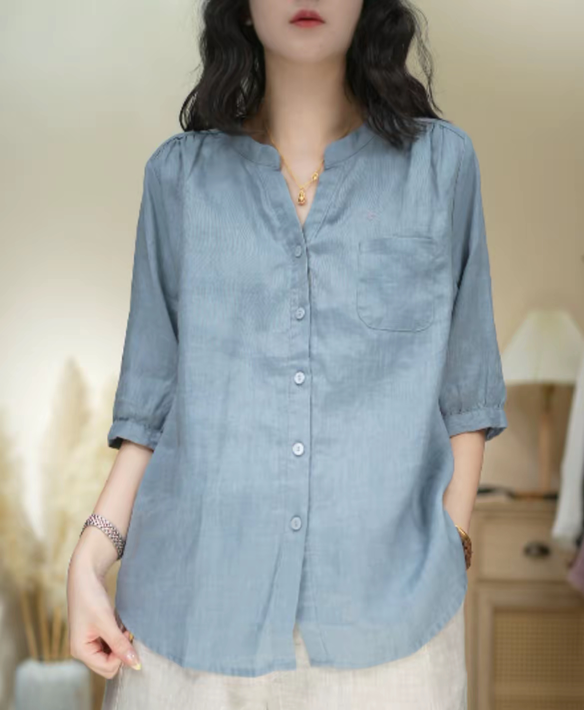 纯亚麻中袖衬衫夏装纯色时尚减龄V领开衫气质百搭圆领衬衣女装