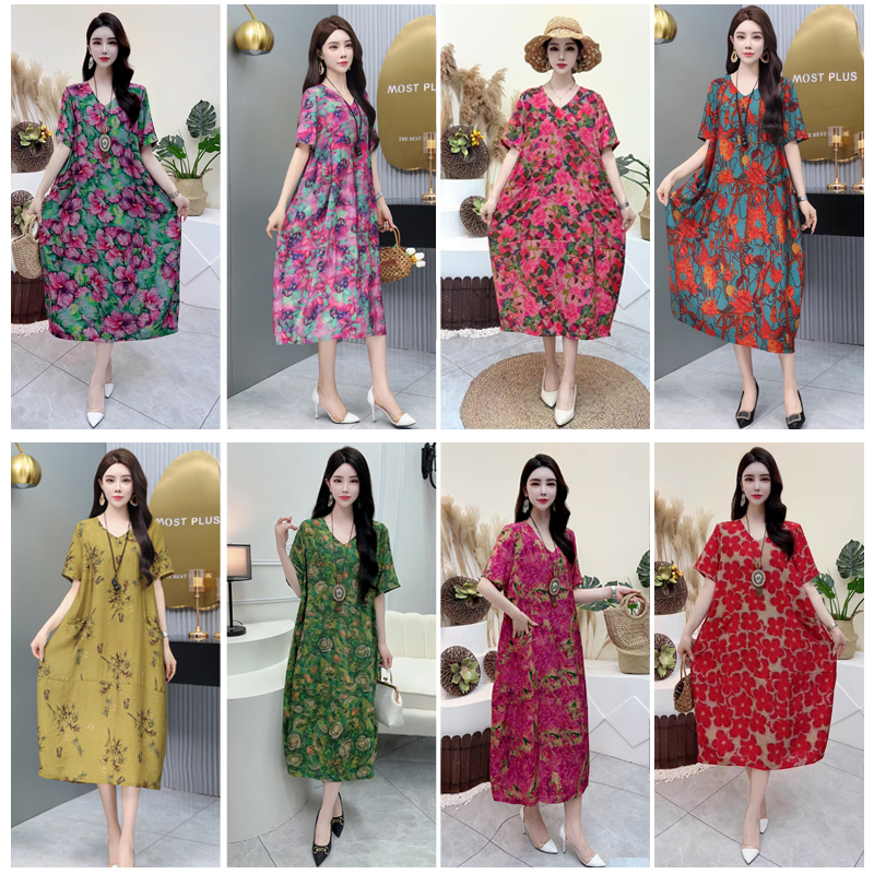 中老年夏季短袖连衣裙宽松大码天丝棉麻妈妈中长款V领裙子 8989-1