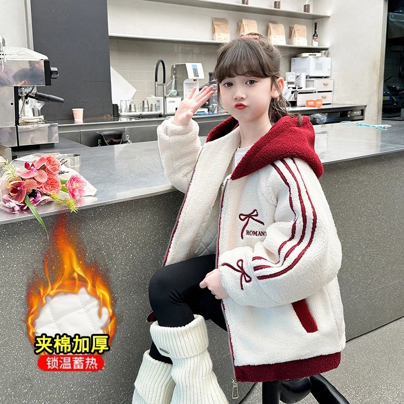 女童冬款夹棉加厚连帽外套中大童时尚新款女孩洋气加绒休闲毛毛衣