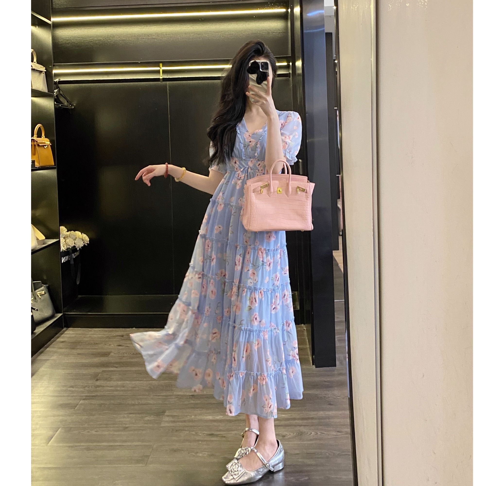 【现货】Leathercat夏2025新款连衣裙女法式收腰显瘦气质碎花长裙