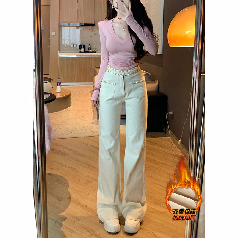 高级米白色高腰加绒链条直筒牛仔裤女2025冬季新款显瘦修身直筒裤