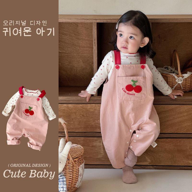 2025春夏季韩版洋气女宝宝可爱粉色背带裤套装小樱桃两件套外出服