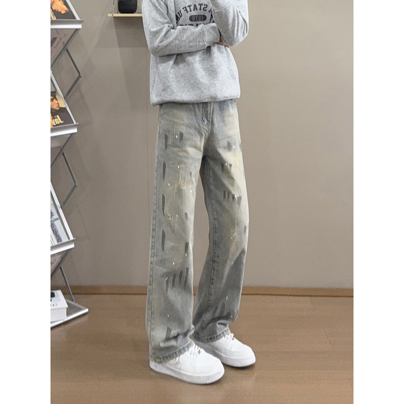 猫爪痕泼墨水洗牛仔裤男款秋季美式vintage扎染裤子显瘦直筒长裤