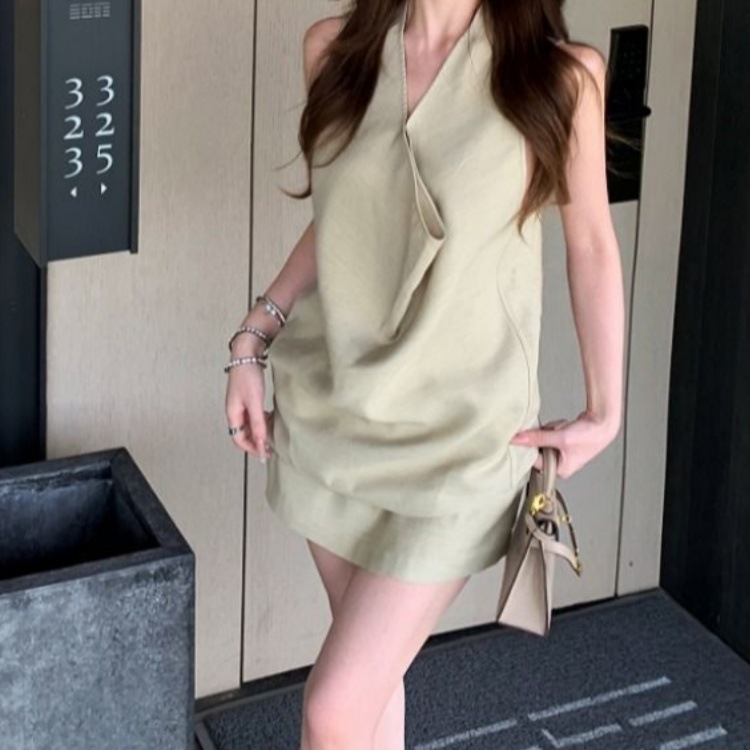 时尚套装夏季无袖纯色涤纶短裙套装韩系休闲显瘦宽松高腰小个子