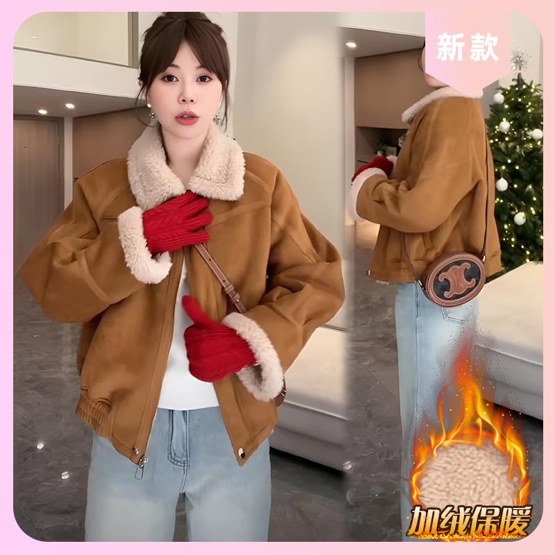皮毛一体毛毛外套女2025秋冬季新款加绒加厚韩版机车服夹克上衣潮